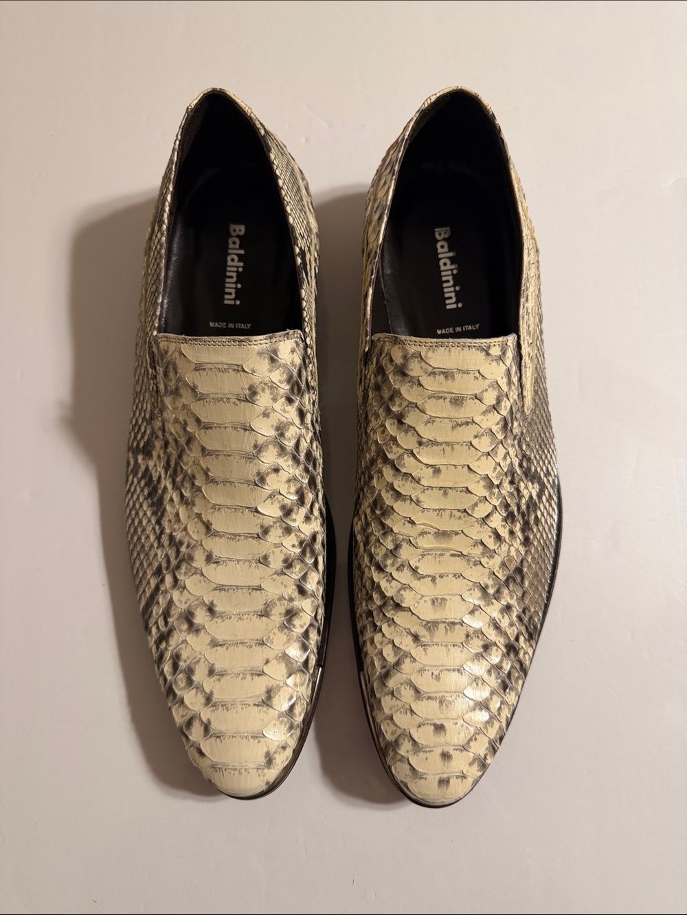 Baldinini Men’s Natural Real Python Leather Cream and Black Slip-On Loafers 🇮🇹